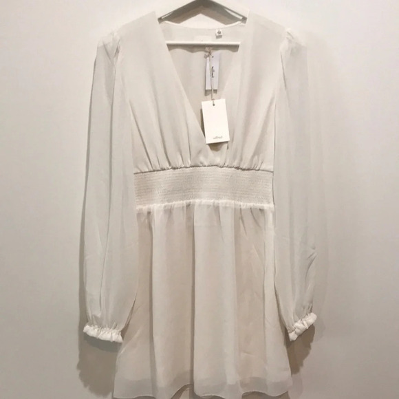 Aritzia Wilfred Wistful Dress Size S Light Birch Chiffon Mini Dress with v-neck - Picture 3 of 15